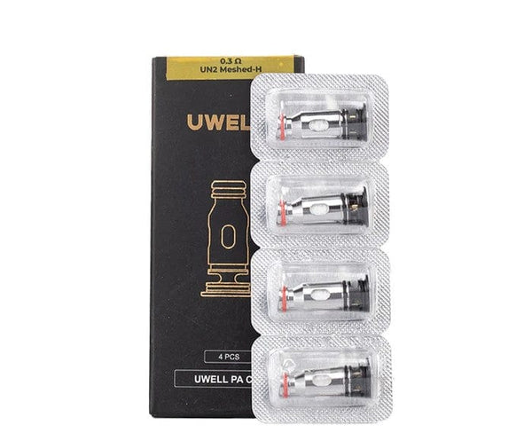 UWELL PA Replacement Coils for vape devices, showing multiple coil heads with threading and wicking material for optimal vapor production.