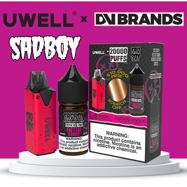 Uwell V6 Refillable Vape Disposable with 30mL e-liquid bottle, showing the sleek vape device and colorful juice bottles.