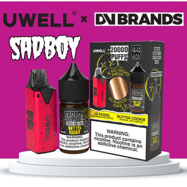 Uwell V6 refillable disposable vape device with 30mL e-liquid bottle, featuring sleek design and ergonomic mouthpiece.