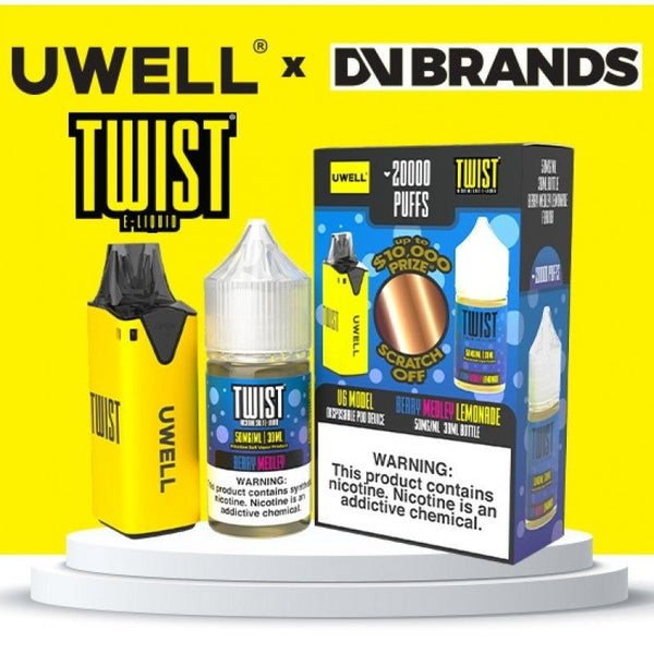 UWELL V6 refillable vape disposable with 30mL e-liquid, showing the compact device and colorful mouthpiece.