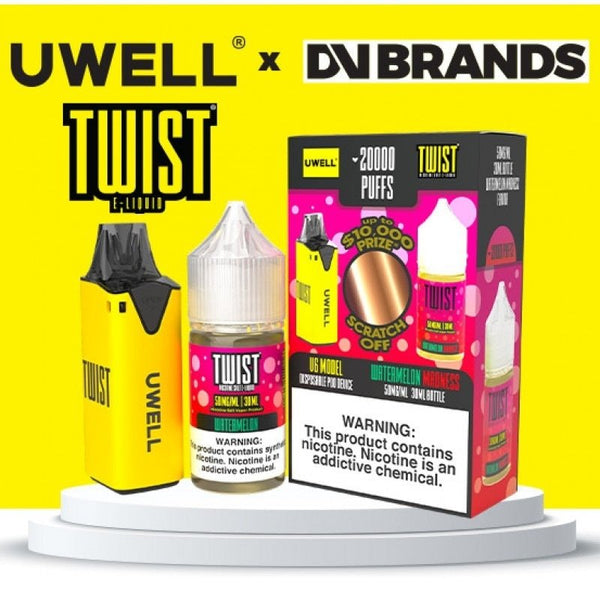 Uwell V6 refillable disposable vape device with 30mL e-liquid, featuring sleek design and mouthpiece, branded UWELL.