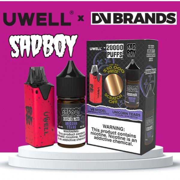 Uwell V6 refillable disposable vape device with 30mL e-liquid bottle, featuring sleek design and compact size for vaping convenience.