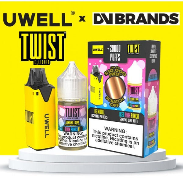 UWELL V6 Refillable Disposable Vape with 30mL juice, showing the sleek vape device and colorful e-liquid bottles.