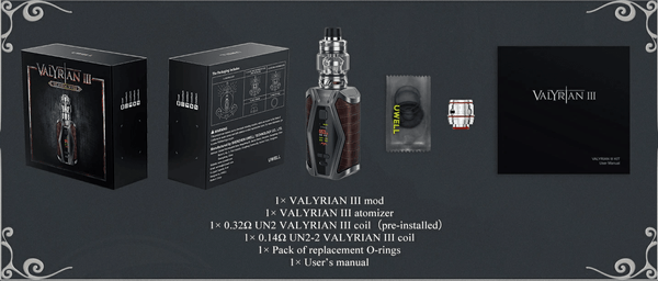 Uwell VALYRIAN 3 200W starter kit hardware with mod and tank, featuring sleek design and adjustable airflow.