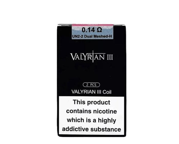 Uwell VALYRIAN 3 replacement coils for vape, showing three cylindrical vape coils with wicking material and metal casing.