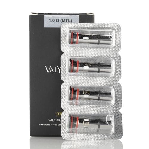 Uwell VALYRIAN replacement pod coils for vape, showing multiple coils with wicking material and metal casing.