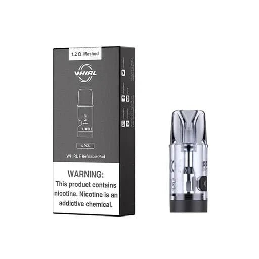 UWELL Whirl F replacement pods for vape device, showcasing the sleek hardware design and refillable e-liquid chambers.