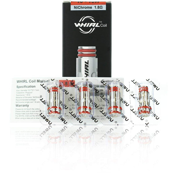 Uwell WHIRL replacement coils for vape device, showing multiple coil heads with metal and cotton components.