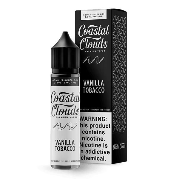 Bottle of Vanilla Tobacco e-liquid by Coastal Clouds, 60mL, with vanilla and tobacco flavor notes, plastic bottle with label.