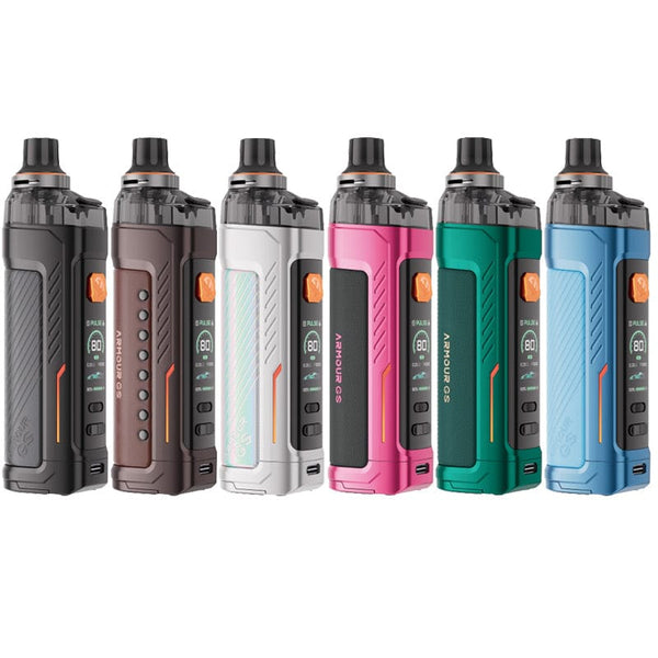Vaporesso Armour GS 80W Pod Kit with sleek design, showing the device with pod attached and mouthpiece top view.
