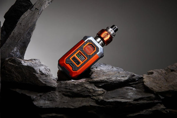 Vaporesso Armour Max Kit hardware with sleek black design, featuring a large display screen and vape tank attached.