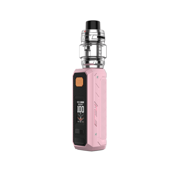 Vaporesso Armour Ultra 100W Starter Kit with mod and tank, black and silver hardware for vaping enthusiasts.
