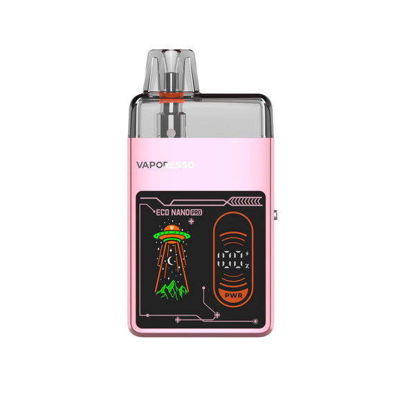 Vaporesso ECO Nano PRO Pod System hardware with sleek design and compact size, featuring vaping device with mouthpiece and buttons.