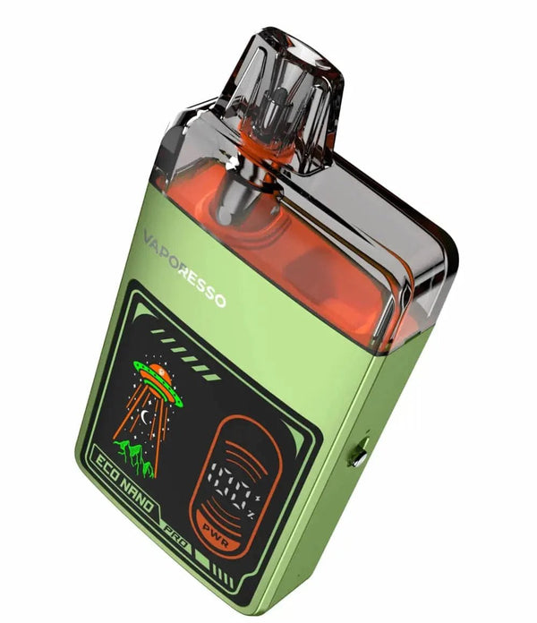 Vaporesso ECO Nano PRO pod system hardware with sleek design and compact size, featuring mouthpiece and control buttons.