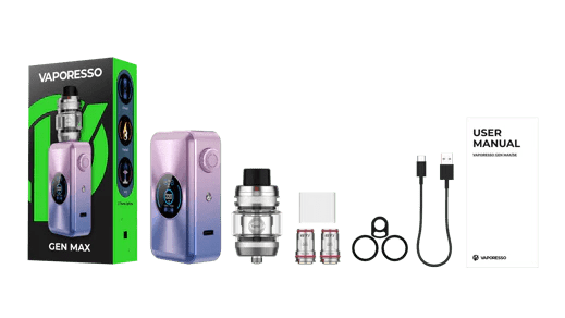 Vaporesso GEN Max Starter Kit hardware with sleek design, featuring a compact vape device and accessories for vaping.