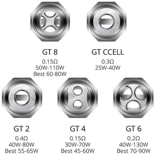 Vaporesso GT Core replacement coils for vape devices, showing multiple coil heads with metal and cotton components.