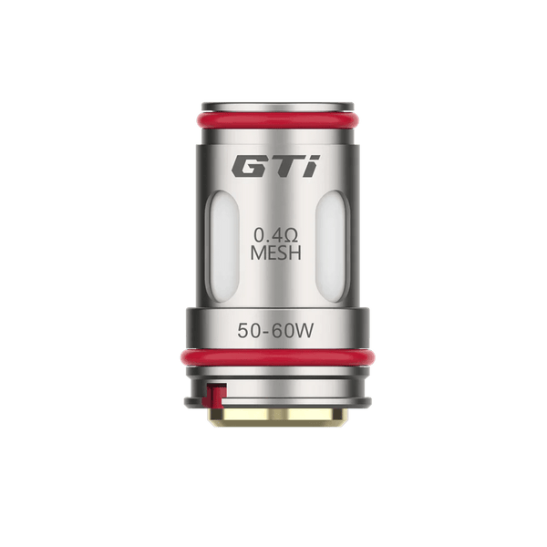 Vaporesso GTi replacement coils for vape devices, showing a pack of four coil heads with metal and cotton components.