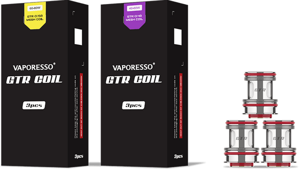 Vaporesso GTR replacement coils for vape devices, showing multiple coil heads with metal and cotton wicking materials.