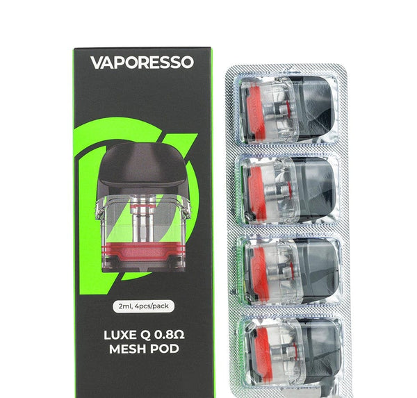 Vaporesso LUXE Q replacement vape pods showing sleek, compact design with mouthpiece and fill port for easy refilling.