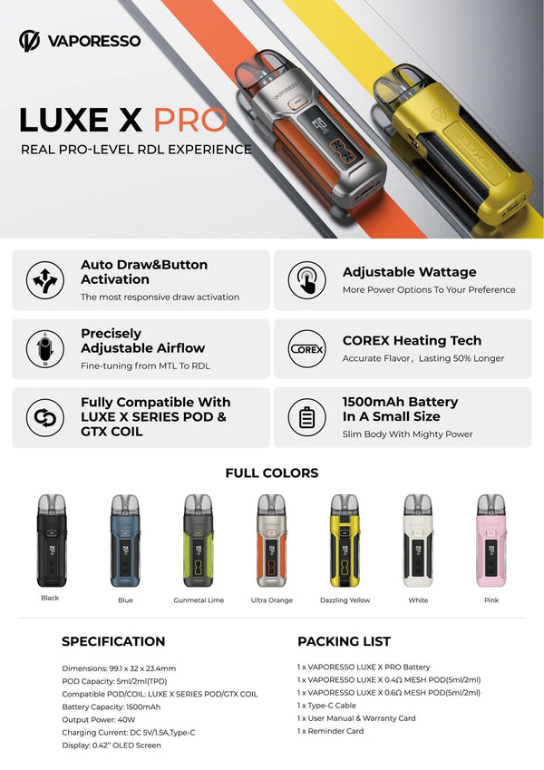 Vaporesso Luxe X Pro starter kit with sleek pod system and compact design, featuring adjustable airflow and refillable pods.