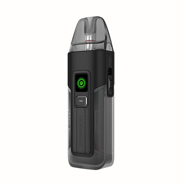 Vaporesso Luxe X2 40W pod system in black with sleek design, showing the device's compact hardware and mouthpiece.