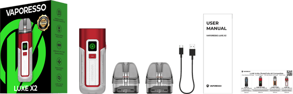 Vaporesso Luxe X2 40W Pod System vape hardware with sleek design and adjustable wattage, featuring a compact and portable build.