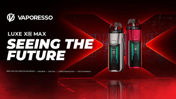 Vaporesso LUXE XR Max 80W Pod Kit showing sleek device with detachable pods and adjustable airflow, in a modern design.