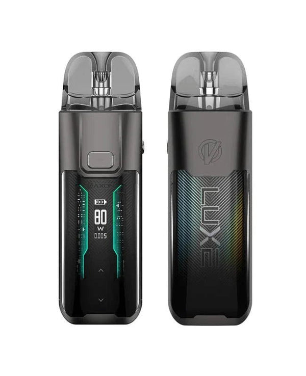 Vaporesso LUXE XR Max 80W Pod Kit showing the sleek device with pod cartridge and adjustable settings for vaping.