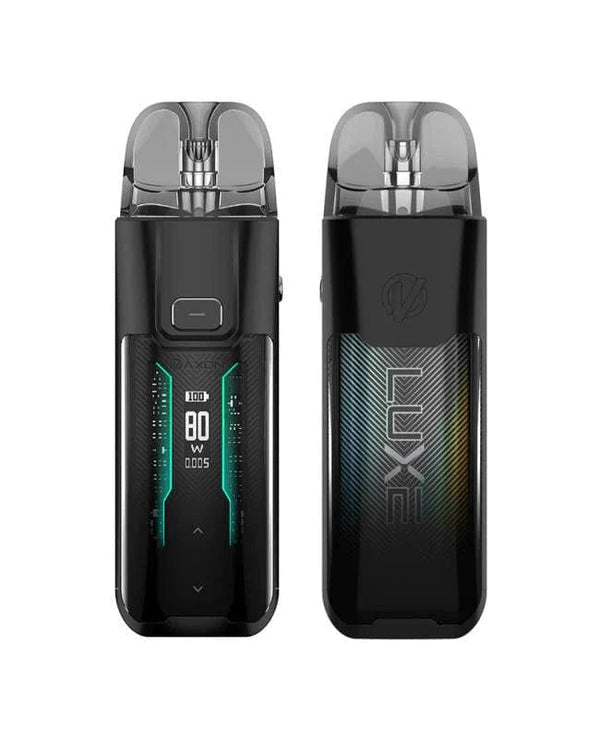 Vaporesso LUXE XR Max 80W Pod Kit showing the sleek device with a colorful display screen and attached pod for vaping.