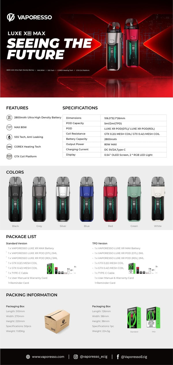 Vaporesso LUXE XR Max 80W pod kit, featuring sleek hardware design with adjustable settings and a modern vaporizer device.