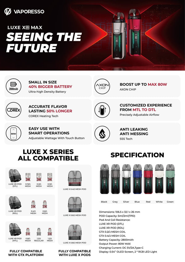 Vaporesso LUXE XR Max 80W pod kit with sleek design, featuring a compact hardware device with a display screen and pod attachment.