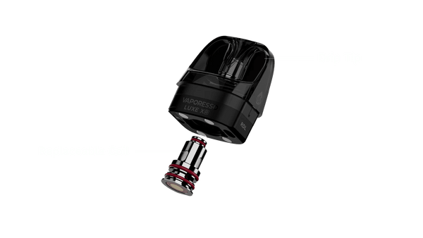Vaporesso LUXE XR replacement vape pods 2-pack showing sleek cylindrical pods with mouthpiece and connection base for vaping.