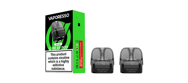 Vaporesso LUXE XR replacement vape pods, 2-pack, compatible with Vaporesso LUXE XR vape device, showing clear pod design and mouthpiece