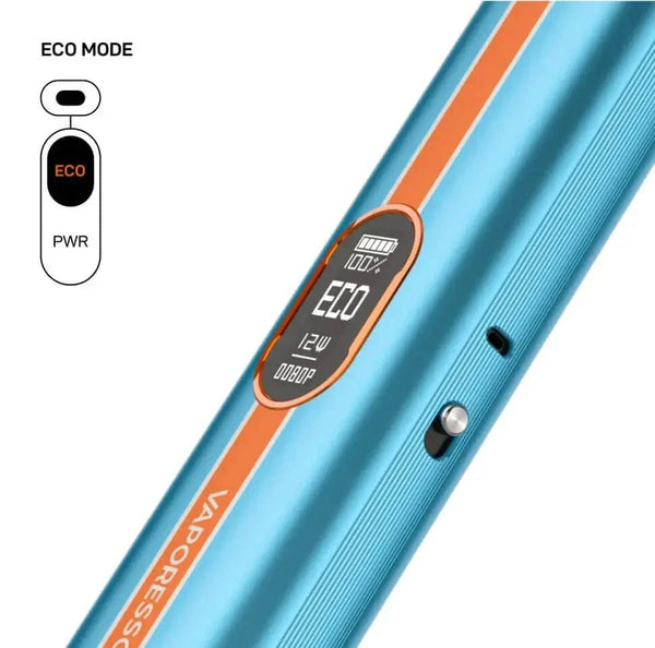 Vaporesso Vibe Pod System hardware with sleek design and compact size, featuring mouthpiece and battery indicator lights.