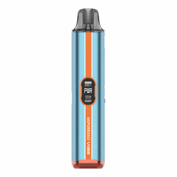 Vaporesso Vibe Pod System hardware with sleek design, showing the compact portable vaporizer device with mouthpiece and control buttons.