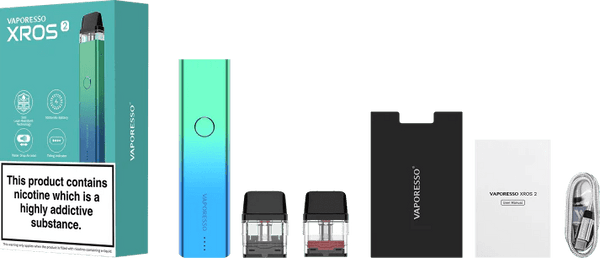 Vaporesso XROS 2 Pod Kit hardware with sleek compact design, featuring the device and attached pod for vaping.