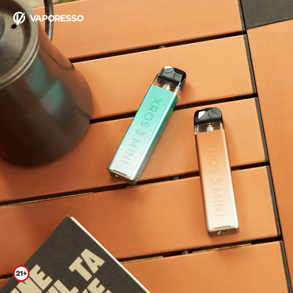 Vaporesso XROS 3 Mini pod system hardware showing sleek compact design with replaceable pod and mouthpiece.