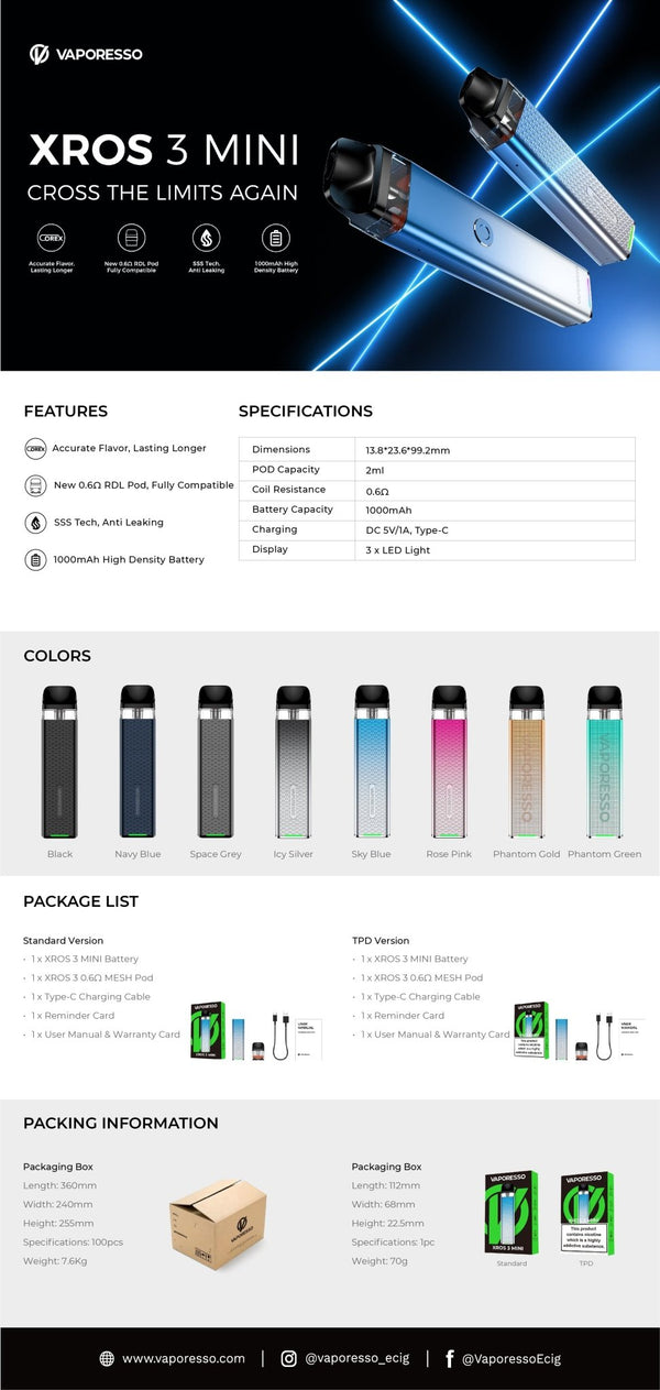 Vaporesso XROS 3 Mini Pod System hardware with sleek design and compact size, featuring replaceable pods and user-friendly interface.