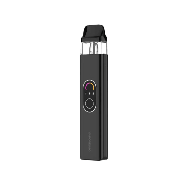Vaporesso XROS 4 Pod Kit in black, showing sleek hardware with replaceable pods and compact design for vaping.