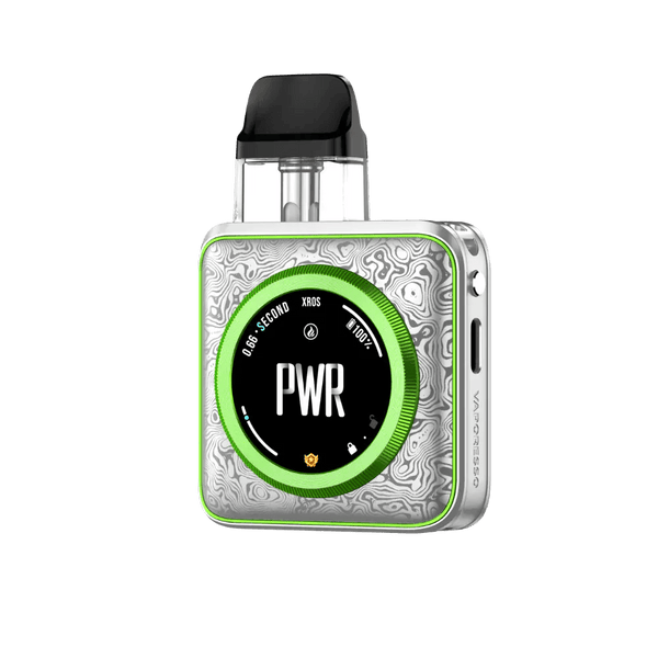 Vaporesso XROS 5 Nano 30W pod system in sleek design, featuring a compact hardware device with a mouthpiece and display screen.
