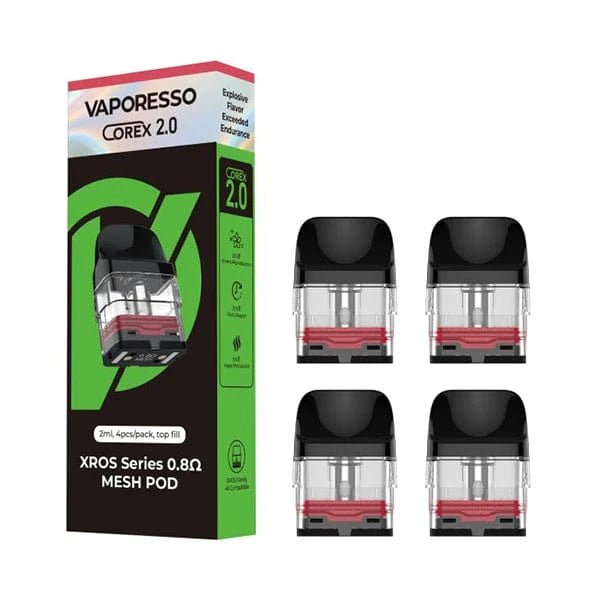 Vaporesso XROS replacement pods for vape device, showing clear plastic cartridge with fill port and coil inside.