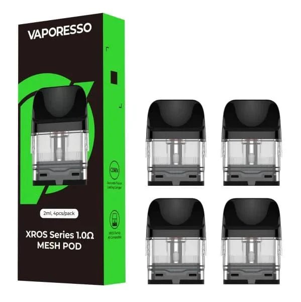 Vaporesso XROS replacement pods for vape devices, showcasing clear plastic pods with mouthpiece and filling port.