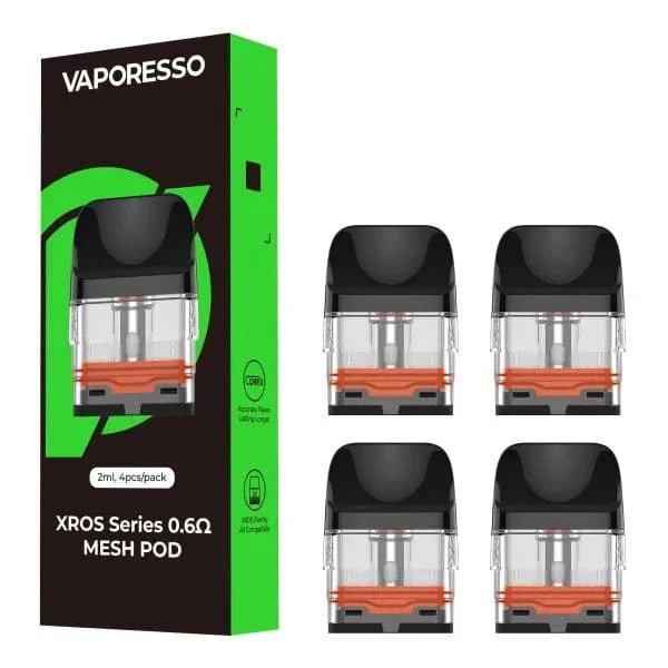 Vaporesso XROS replacement vape pods shown, compatible with Vaporesso XROS device, featuring clear e-liquid windows and mouthpiece
