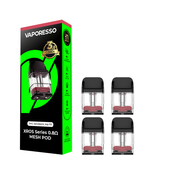 Vaporesso XROS replacement pods for vape device, showing clear transparent design with mouthpiece and filling port.