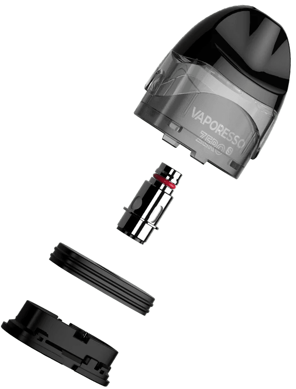 Vaporesso ZERO and ZERO S vape pods, replacement parts for Vaporesso electronic cigarettes, shown in black and transparent designs.