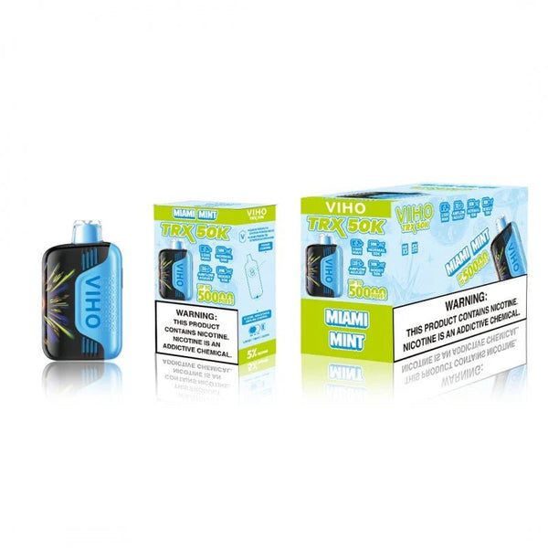 VIHO TRX 50K disposable vape with 50,000 puffs, compact design, black finish, and Texas-compliant features.