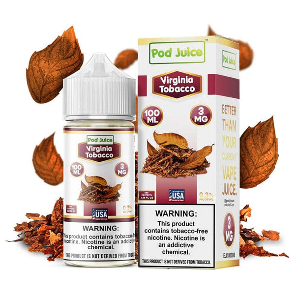 Virginia Tobacco e-liquid by Pod Juice in a 100mL bottle, featuring a rich tobacco flavor with warm, smoky notes.