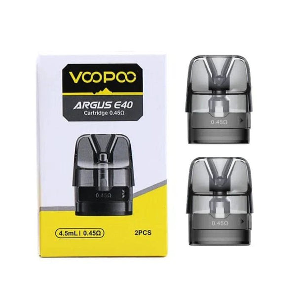 VOOPOO Argus E40 replacement pods for vaping device, showing clear plastic construction and mouthpiece attachment.