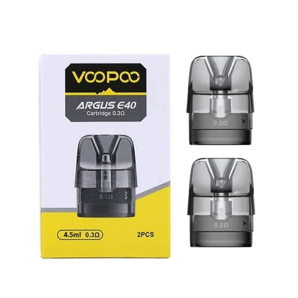 VOOPOO Argus E40 replacement pods for vaping device, showing clear plastic pods with mouthpiece and fill port.