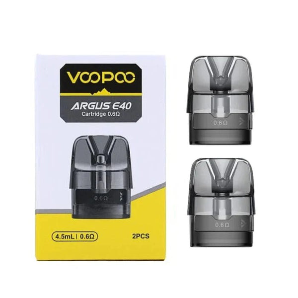 VOOPOO Argus E40 replacement pods for vaping device, showing sleek hardware with clear e-liquid chamber and mouthpiece